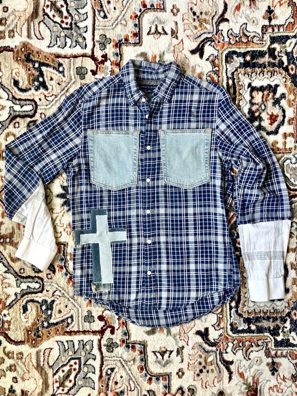 Upcycled Blue Plaid Shirt Denim Unisex OOAK Jesus Christian Size Small